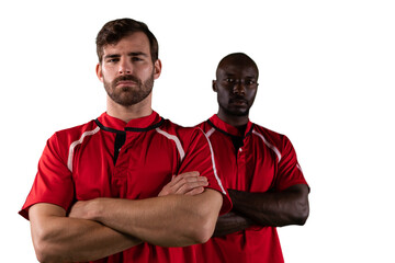 Digital png photo of diverse male rugby players on transparent background