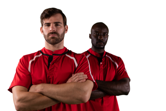 Digital png photo of diverse male rugby players on transparent background