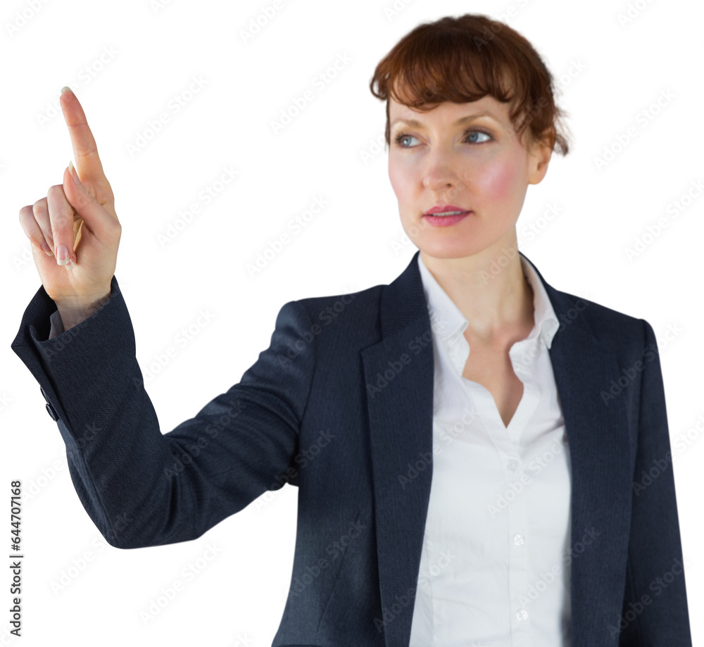 Sticker Digital png photo of caucasian businesswoman pointing with finger on transparent background