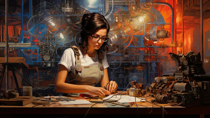  an image of a female engineer at work in her workshop. the inventor is working with microdetails. Generative AI - obrazy, fototapety, plakaty