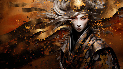 Samurai girl, with gold and copper effect and glitter texture, dark and light silver. Generative AI - Powered by Adobe
