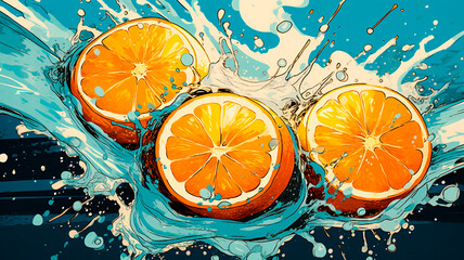 Illustration of orange and ice splashing around, pop art, Generative AI
