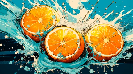 Foto op Canvas Illustration of orange and ice splashing around, pop art, Generative AI © Юрий Маслов