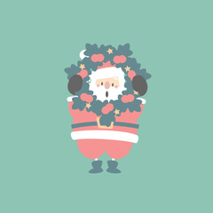 Fototapeta premium merry christmas and happy new year with cute santa claus and wreath in the winter season green background, flat vector illustration cartoon character costume design