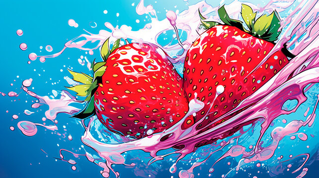Illustration of strawberries and ice sprinkled around, pop art, Generative AI