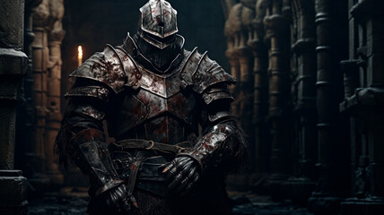 A knight with armor in a dungeon, the plot of historical accounts. Generative AI