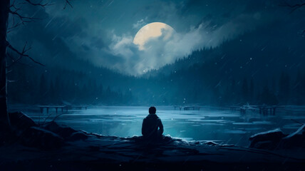 Silhouette of a sad man sitting alone in the winter forest. sadness and loneliness in nature. Generative AI
