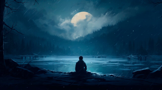 Silhouette of a sad man sitting alone in the winter forest. sadness and loneliness in nature. Generative AI