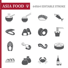 Asia food solid icon set, foods vector collection, logo illustrations, asia foods vector icons, glyph style pictogram pack, editable stroke icons.