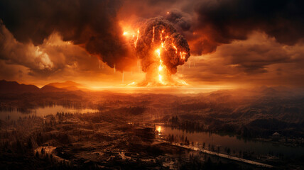 nuclear explosion, a distant view, images of an apocalyptic scene from the movie. Generative AI - obrazy, fototapety, plakaty