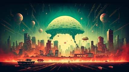 Fotobehang Retro poster based on a pixelated video game about a space invasion. Unidentified flying objects. Generative AI © Юрий Маслов