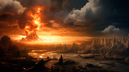 nuclear explosion, a distant view, images of an apocalyptic scene from the movie. Generative AI