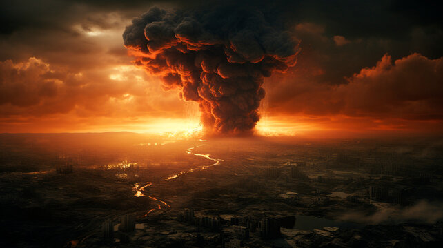 nuclear explosion, a distant view, images of an apocalyptic scene from the movie. Generative AI