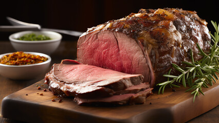 Prime Rib Beef Roast on a Wooden Cutting Board with Rosemary and Herbs