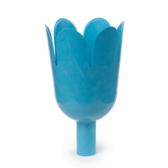 Blue plastic fruit picker on a white background. Gardener's inventory.