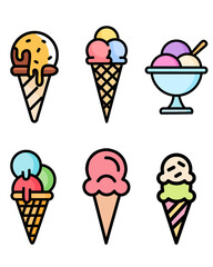 Vector set of simple linear icons. Ice cream logo, set of ice cream icons, such as parfait, frozen yogurt, ice cream sundae, vanilla, chocolate