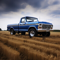 blue vintage pickup in the field