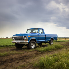 blue vintage pickup in the field - obrazy, fototapety, plakaty