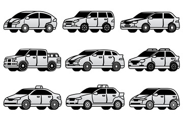 Different type cars collection. Automobile illustration set with black and white cars. Transportation, vehicle illustrations set.