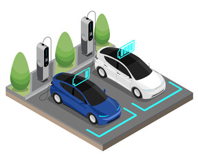 Two EV Electric Car stop at Charging Station Ecology cut inside show Battery Concept isometric isolated 