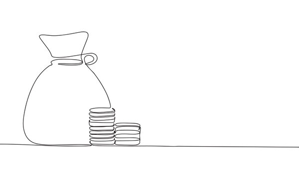 recommend clip art: Bag with coins one line continuous banner. Line art money concept banner. Outline vector illustration.