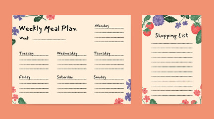 meal planner and shopping list template with fruit and flower illustration