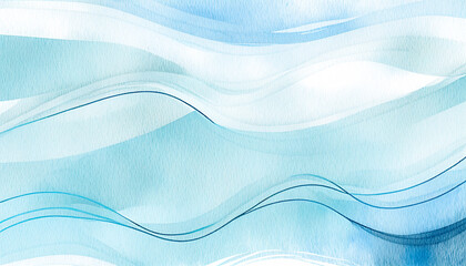 Fototapeta premium Abstract water ink wave, blue background watercolor texture. Aqua, teal and white ocean wave web, mobile Graphic Resource. Winter snow wave for copy space text backdrop, wavy weather illustration
