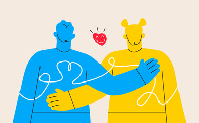 Friendship, hugging couple. Romance, support, love, and relationships. Colorful vector illustration