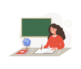 Female teacher in classroom. Pedagogue sitting at table and checking homework. School and college concept. Vector illustration in flat cartoon style.