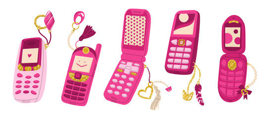 Set with cute pink mobile phones in nostalgic 2000s style with a key ring. Stylish trendy retro accessory for girls. Y2k style. Vector illustration isolated on white background.