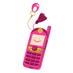 Cute pink mobile phone in 2000s style with a key ring. Stylish retro accessory for girls. Sticker design or print for t-shirt and postcard. Vector illustration isolated on white background.