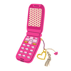 Nice pink flip phone in 2000s style with a key ring. Stylish retro accessory for girls. Sticker design or print for t-shirt and postcard. Vector illustration isolated on white background.
