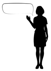 吹き出しと案内ポーズのビジネスウーマン女性のシルエットセット 身正面のイラスト