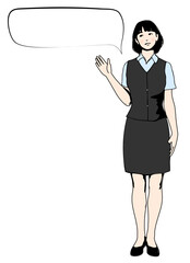 案内 紹介 おすすめポーズのビジネスウーマン女性吹き出しマークのイラスト 全身正面と吹き出し