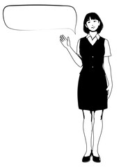 案内ポーズの女性会社員 OLのイラストセット モノクロ 全身正面