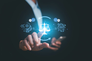 AI ethics or AI Law concept. Developing AI codes of ethics. Compliance, regulation, standard , business policy and responsibility for guarding against unintended bias in machine learning algorithms.