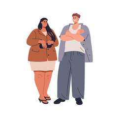 Happy couple, fat man and chubby woman standing, talking. Chunky plus-size people communication. Male and female characters speaking. Flat graphic vector illustration isolated on white background