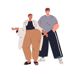 Happy fat chubby body-positive couple. Chunky man and woman standing together, smiling. Confident cool plus-size overweight people with obesity. Flat vector illustration isolated on white background