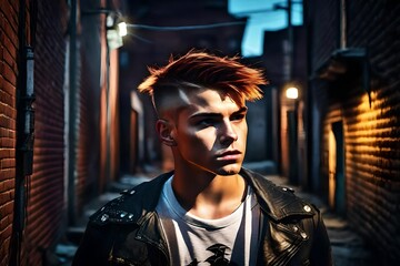 Fototapeta na wymiar an angry punk rock teenage boy in a back alley