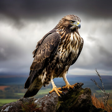 Portrait of red tailed hawk on a branch. Wildlife scene from the nature