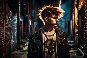 Fototapeta premium an angry punk rock teenage boy in a back alley
