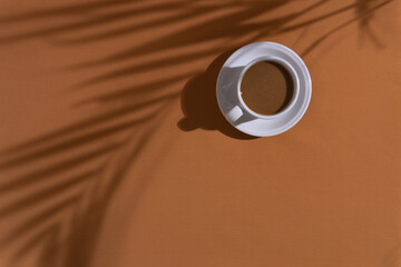 Coffee and cookies on brown background with plant shadow, aesthetic morning background concept
