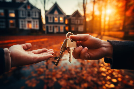 Homeowner Giving Key To A Person. A Symbolic Exchange In The World Of Real Estate, Signifying Ownership, Security, And A New Chapter In Housing