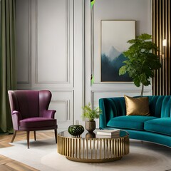 Art deco composition of living room interior with boucle sofa.AI generated