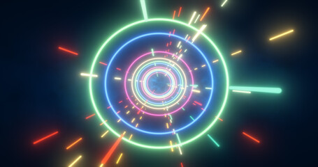 Abstract multi-colored energy futuristic hi-tech tunnel of flying circles and lines neon magic glowing background