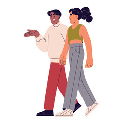 People walking on romantic date. Cute couple talk, communicate. Partners or friends spend time together. Man and woman strolling flat isolated vector illustration on white background