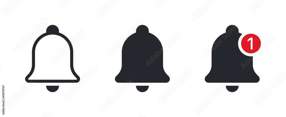 Poster notification bell icon set, incoming inbox message sign alarm symbol, line outline flat notification