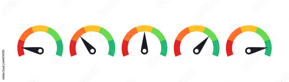 Aufkleber Speedometer icons set. Scale speed in flat style, Performance indicator sign -tachometer icon. Speed indicator icon set. Rating meter signs performance vector concept. Dashboard level icon