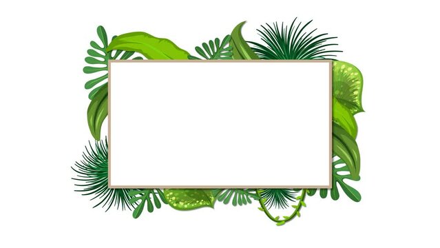 Tropical jungle leaves with a wooden border banner.