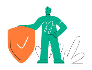 Person with shield and checkmark. Safety, insurance, security and defense concept. Vector illustration